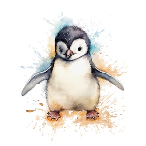 Clipart bébé pingouin, clipart aquarelle imprimable, 12 fichiers JPG de haute qualité, téléchargement numérique, créations en papier, journaux indésirables