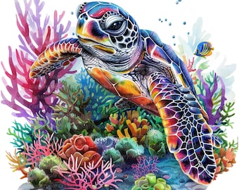 13 Sea Turtle Clipart Set 3, Corals Clipart, Printable Watercolor clipart, High Quality JPG, Digital download, Paper craft, junk journal