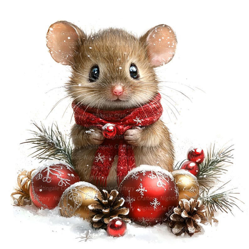 Op de afbeelding: Een schattige bruine muis met een rode sjaal met witte sneeuwvlokken is omringd door rode en gouden kerstballen en dennenappels. De muis zit op een besneeuwde ondergrond.