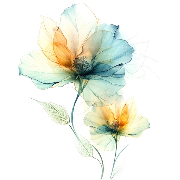 9 imagens de flores abstratas, flores verdes, clipart em aquarela para imprimir, PNGs de alta qualidade, download digital, artesanato em papel, diários de arte