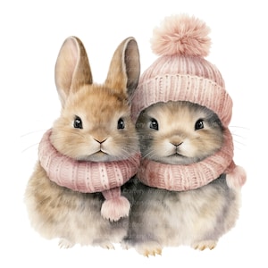 10 conigli in cappello di lana clipart, conigli invernali, clipart acquerello stampabile, JPG di alta qualità, download digitale, artigianato con la carta, diario spazzatura