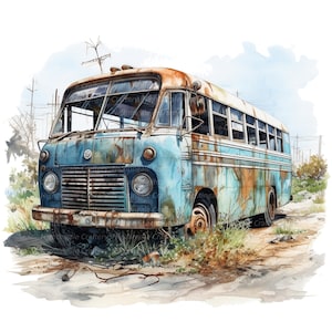 10 verlassene Bus Clipart, druckbare Aquarell Clipart, hochwertige JPGs, digitaler Download, hohe Auflösung, Papiermodelle, Junk Journals