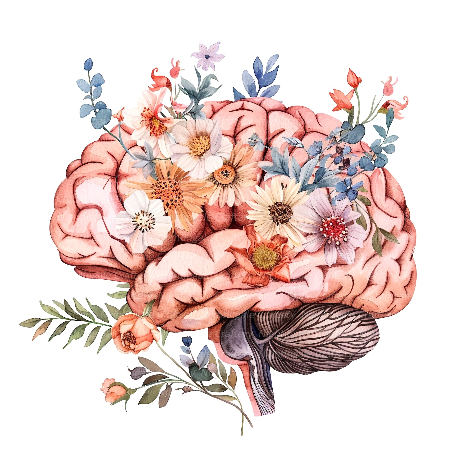 10 Floral Human Brain Clipart, Anatomical Brain, Printable Watercolor ...