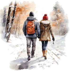 12 Imágenes prediseñadas de invierno para parejas, Pareja en invierno, Imágenes prediseñadas de acuarela imprimibles, JPG de alta calidad, Descarga digital, Artesanía en papel, revistas
