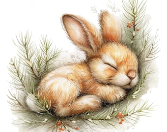 May include: A watercolor painting of a small, brown bunny sleeping in a nest of green pine branches. The bunny has its eyes closed and its paws tucked under its chin. The branches are decorated with small red berries.