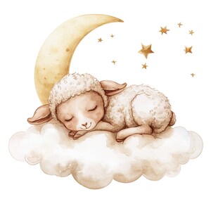 May include: A watercolor illustration of a white lamb sleeping on a fluffy cloud with a crescent moon and gold stars in the background.