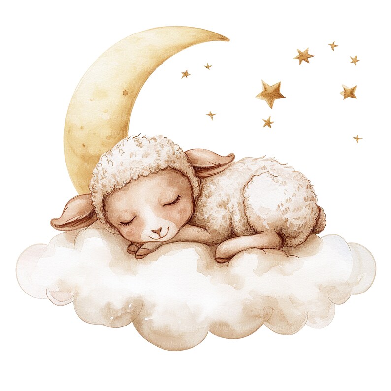 May include: A watercolor illustration of a white lamb sleeping on a fluffy cloud with a crescent moon and gold stars in the background.