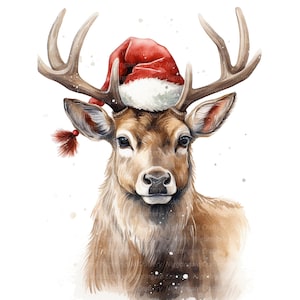 12 Deer With Santa Hat Clipart, Reindeer, Fawn, Printable Watercolor ...