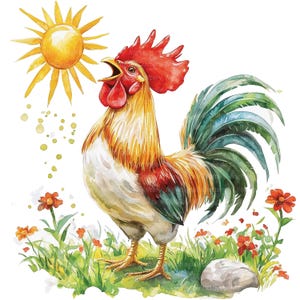 8 Sunrise Rooster Clipart, Cartoon Rooster, Printable Watercolor clipart, High Quality JPGs, Digital download, Paper craft, junk journals