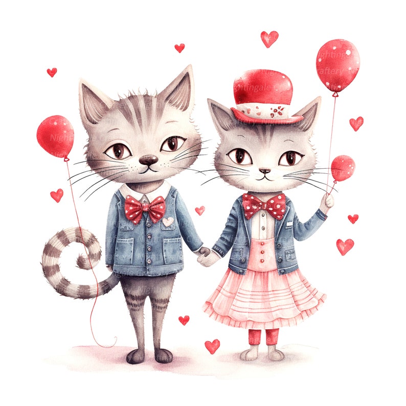 Clipart aquarelle de couple de chats : chats romantiques JPG (téléchargement numérique) image 1