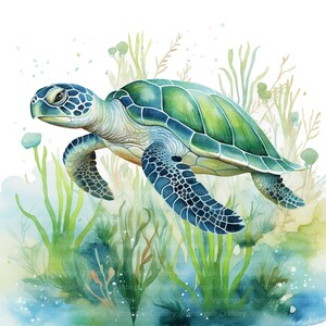 May include: Watercolor painting of a sea turtle swimming underwater. The turtle has a green and blue shell, with detailed patterns. The background features aquatic plants and a soft, blue-green water effect.