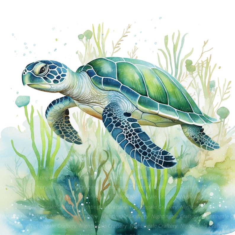 May include: Watercolor painting of a sea turtle swimming underwater. The turtle has a green and blue shell, with detailed patterns. The background features aquatic plants and a soft, blue-green water effect.