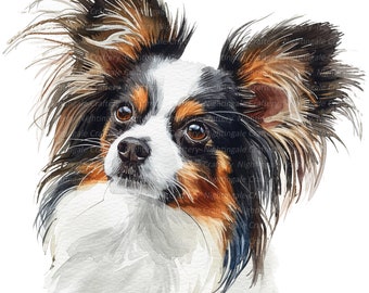 パピヨン犬のクリップアート12点、印刷可能な水彩クリップアート、高