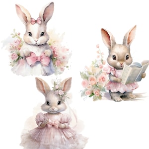 14 Floral Bunny Clipart, Shabby Chic Clipart, Printable Watercolor clipart, High Quality PNGs, Digital download, Paper craft, junk journals