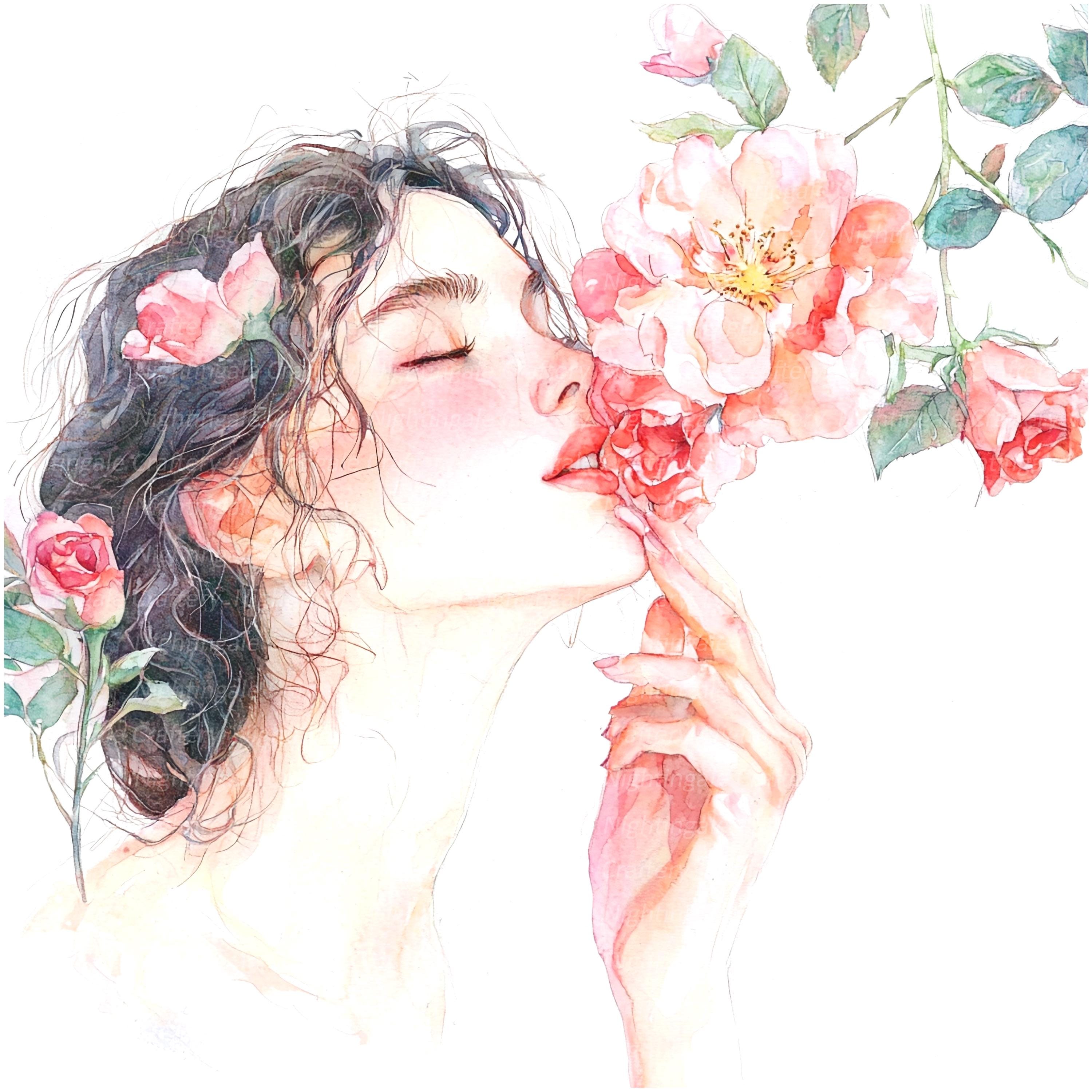 10 Floral Woman and Roses Clipart, Printable Watercolor Clipart, High ...