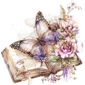 10 Schmetterling und Magisches Buch Clipart, Schnürsenkel, druckbare Aquarell Clipart, hochwertige PNGs, digitaler Download, Papiermodell, Junk Journal