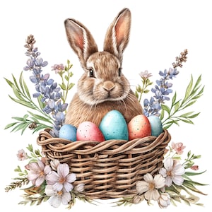 12 cliparts lapin de Pâques 3, panier de Pâques, clipart aquarelle imprimable, fichiers JPG de haute qualité, téléchargement numérique, créations en papier, journaux indésirables