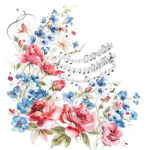 12 notas musicales florales, conjunto de imágenes prediseñadas 2, imágenes prediseñadas de música, imágenes prediseñadas de acuarela imprimibles, PNG de alta calidad, descarga digital, manualidades de papel, diario