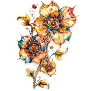 9 imágenes prediseñadas de flores abstractas, flores steampunk, imágenes prediseñadas de acuarela imprimibles, PNG de alta calidad, descarga digital, manualidades de papel, revistas basura