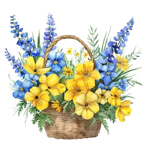 12 cliparts de panier floral, fleurs jaunes, clipart aquarelle imprimable, fichiers JPG de haute qualité, téléchargement numérique, créations en papier, journal indésirable