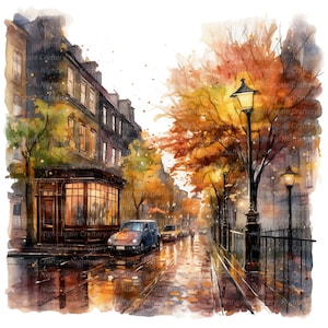 12 Autumn Street Clipart, Autumn Clipart, clipart em aquarela para impressão, JPGs de alta qualidade, download digital, artesanato em papel, diário de lixo eletrônico