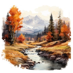 12 Clipart de outono no vale, paisagem de outono, clipart em aquarela para impressão, JPGs de alta qualidade, download digital, artesanato em papel, diário de lixo eletrônico