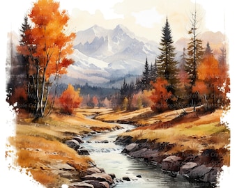 12 Autumn in Valley Clipart, Fall Landscape, Printable Watercolor clipart, High Quality JPGs, Digital download, Paper craft, junk journal