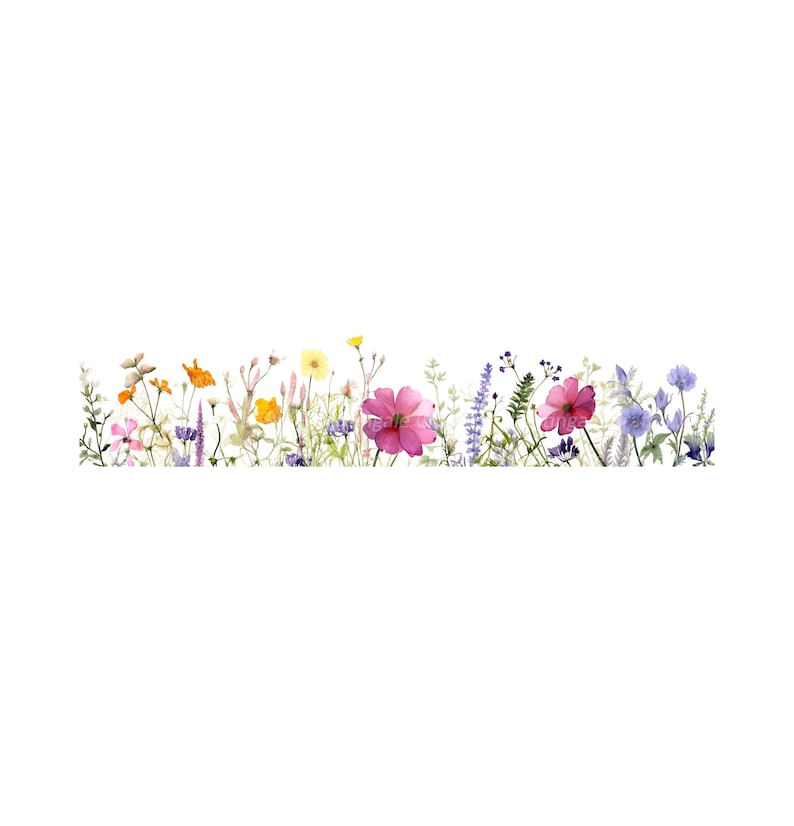 Peut inclure: Une illustration aquarelle d'une rang&eacute;e de fleurs sauvages color&eacute;es, comprenant des fleurs roses, jaunes, orange et violettes, avec des tiges et des feuilles vertes.
