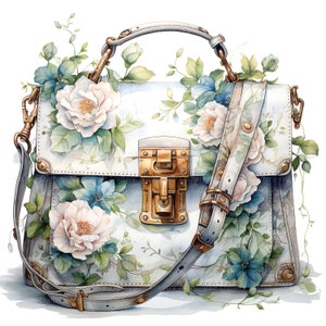 May include: A white leather handbag with a floral design and a gold metal clasp. The bag has a long strap and a shorter handle.