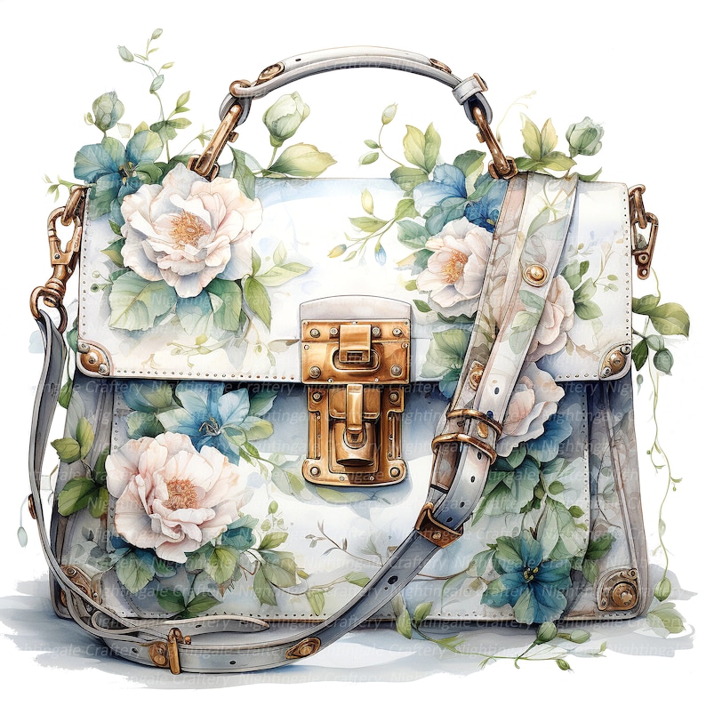 May include: A white leather handbag with a floral design and a gold metal clasp. The bag has a long strap and a shorter handle.