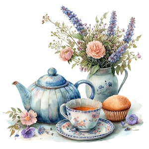 12 Vintage Breakfast Clipart, Teapot Clipart, Printable Watercolor clipart, High Quality PNGs, Digital download, Paper craft, junk journals