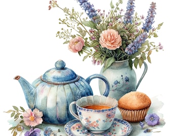 12 Vintage Breakfast Clipart, Teapot Clipart, Printable Watercolor clipart, High Quality PNGs, Digital download, Paper craft, junk journals