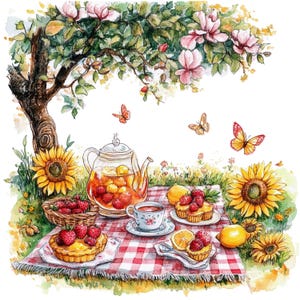 10 accoglienti picnic estivi, clipart di un soleggiato tea party, clipart di acquerelli stampabili, JPG di alta qualità, download digitale, lavoretti di carta, diario spazzatura