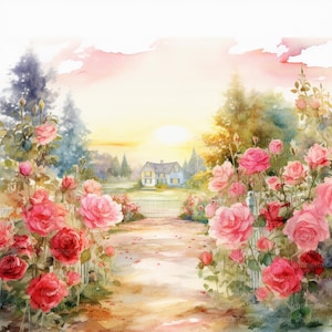 10 Rose Garden Clipart, Sunset over Garden, Printable Watercolor clipart, High Quality JPGs, Digital download, High Resolution, Paper craft image 8