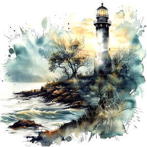 8 Lighthouse Clipart, Printable Watercolor clipart, High Quality PNG/JPGs, Digital download, High Resolution, Paper craft, junk journals