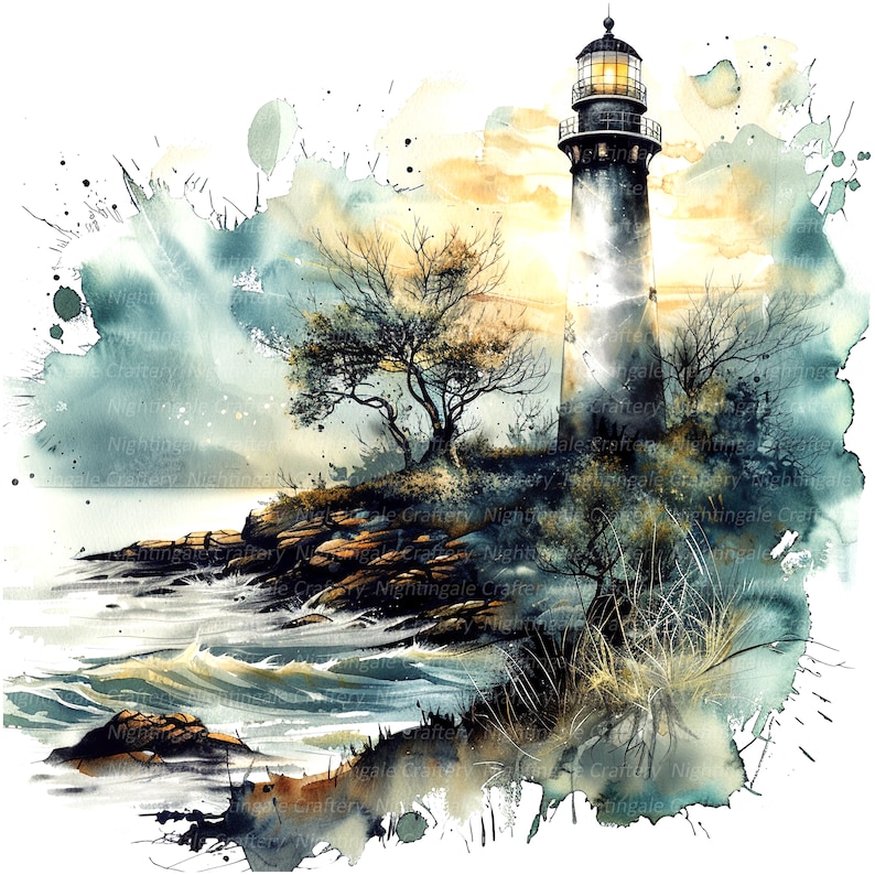 May include: A watercolor painting of a lighthouse on a rocky coast with a tree in the foreground. The lighthouse is white with a black roof and a light on top. The water is blue and the sky is a light blue with yellow clouds. The painting is done in a realistic style.