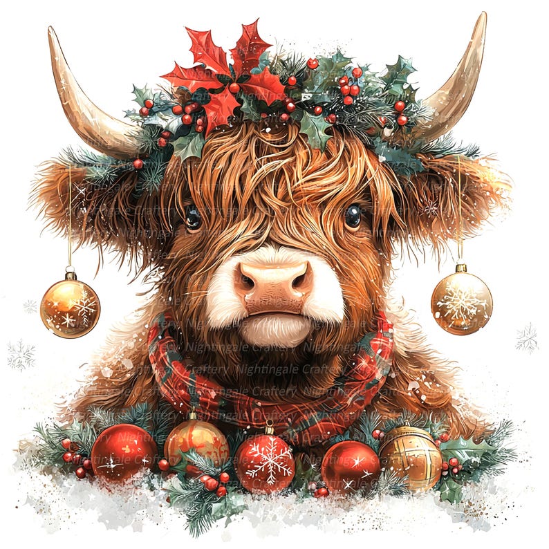 May include: A Highland cow wearing a red and black plaid scarf and a wreath of holly and red berries with gold ornaments hanging from its ears. The cow is surrounded by more holly, red and gold ornaments, and snow.