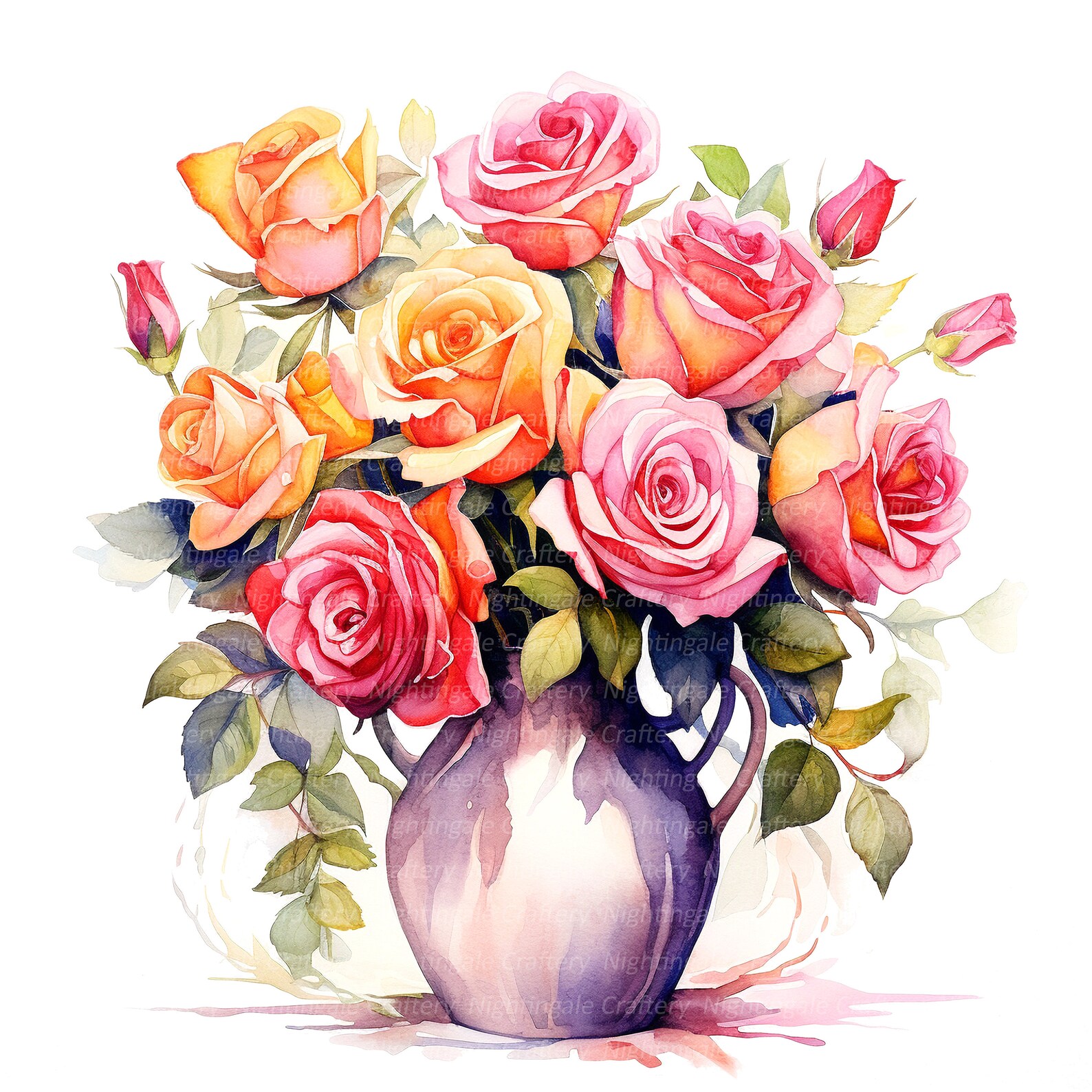 10 Roses in Vase Clipart, Pink Roses, Printable Watercolor Clipart ...