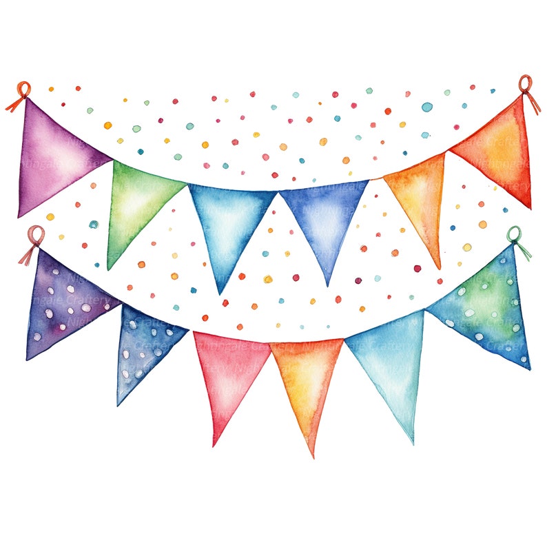 May include: Watercolor illustration of two rows of colorful pennant flags with a dotted background. The flags are in shades of purple, green, blue, orange, and red. Some flags have white polka dots. The background is white with scattered colorful dots.
