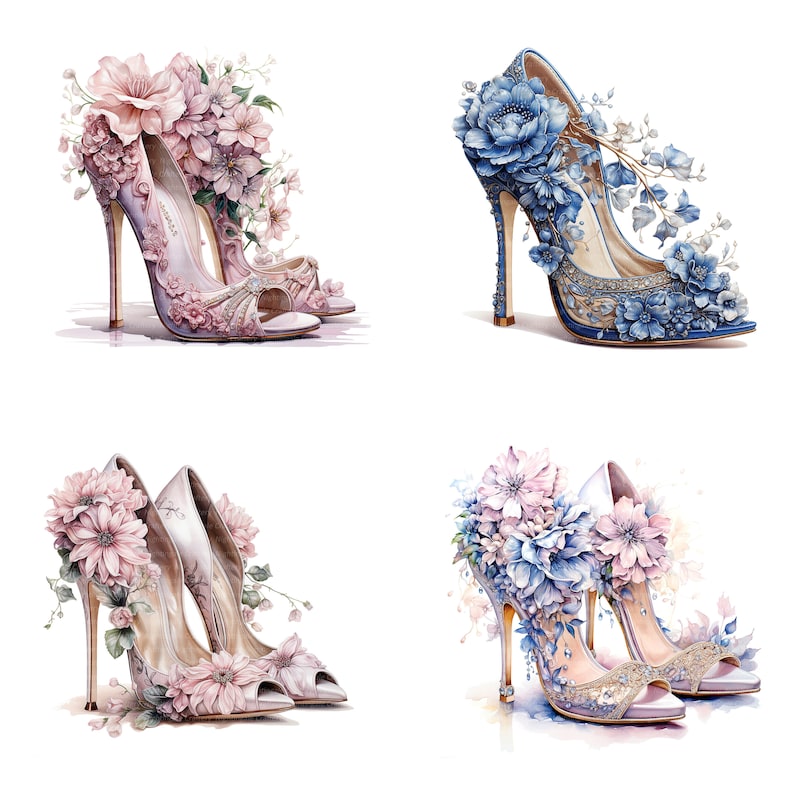 Peut inclure: Quatre paires de chaussures &agrave; talons hauts d&eacute;cor&eacute;es d'embellissements floraux. Deux paires sont rose et blanc, et deux paires sont bleu et blanc.