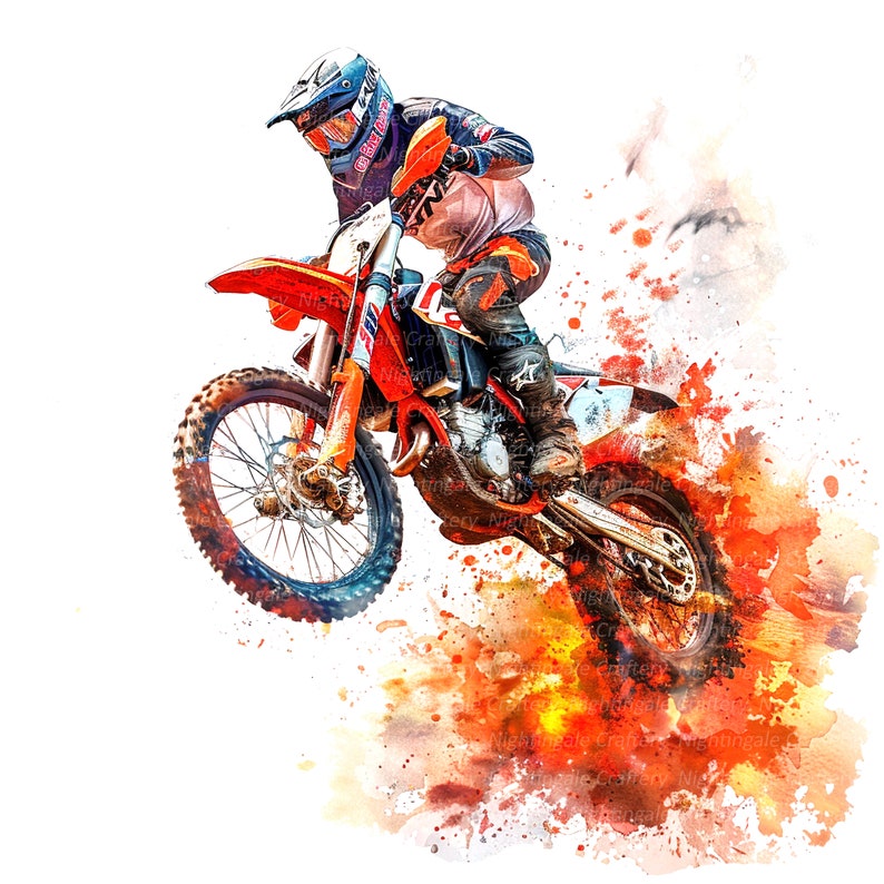 May include: A motocross rider in a red, white, and blue helmet and racing suit jumps a dirt bike with orange and white accents. The bike is in mid-air with the front wheel off the ground. The background is a watercolor-style painting of orange, yellow, and red.