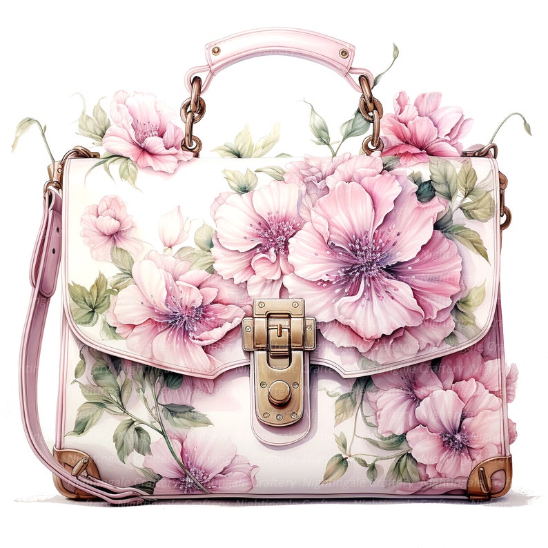 May include: A pink leather handbag with a floral design. The bag has a gold clasp and a long strap.
