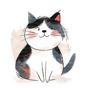May include: A cartoon illustration of a black, white, and orange cat with a happy expression. The cat is sitting with its paws tucked under its body. The background is a soft watercolor wash of pink and orange.