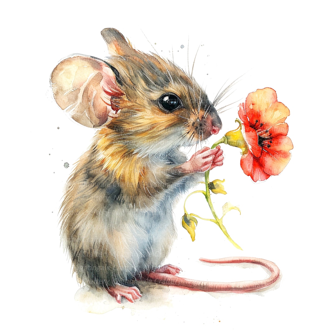 8 Mouse With Flower Clipart, Printable Watercolor Clipart, High Quality ...