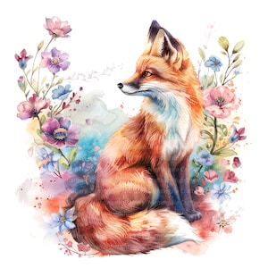 8 Floral Fox Clipart Set 2, Acuarela Fox, Imágenes Prediseñadas de acuarela imprimible, JPG de alta calidad, Descarga digital, Artesanías de papel, diario basura