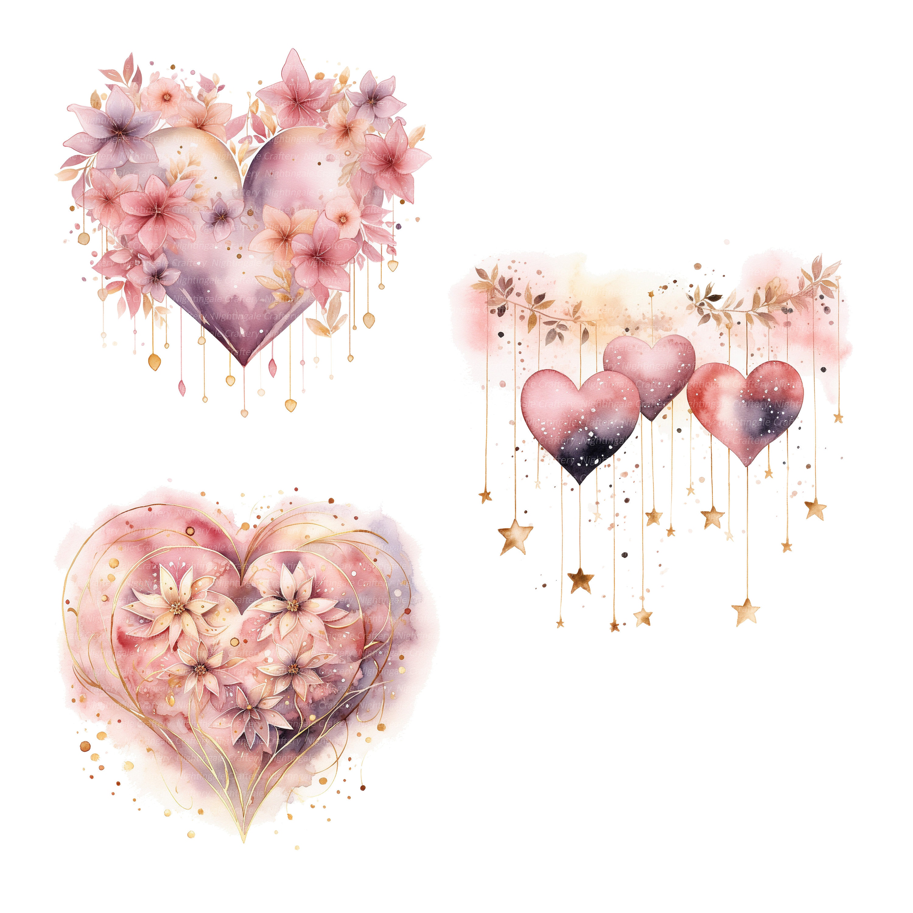 14 PNG Pink Gold Hearts Clipart, Floral Heart Clipart, Digital Clipart ...