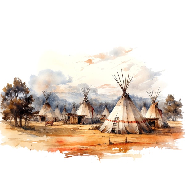 12 Native American Indian Village Camp Clipart, Printable Watercolor clipart, High Quality JPG, Digital download, Paper craft, junk journal