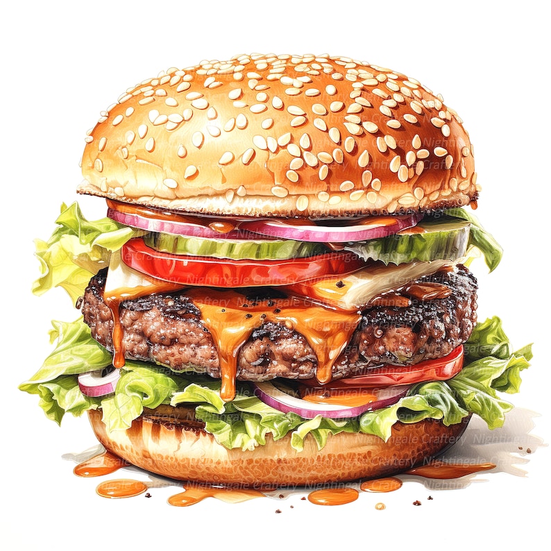 Op de afbeelding: Een sappige hamburger met een sesamzaadjesbroodje, sla, tomaat, ui, augurken en kaas. De hamburger is bedekt met een royale hoeveelheid gesmolten kaas en een zoet-zure saus.