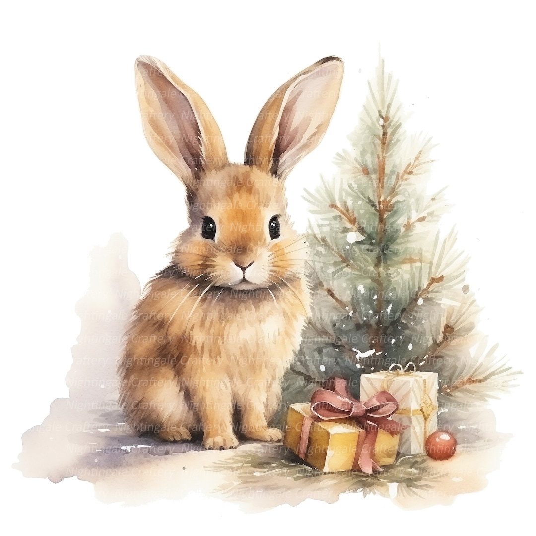12 Christmas Bunny Clipart, Vintage Bunny, Printable Watercolor Clipart