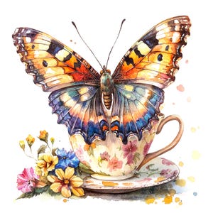 12 cliparts papillon et tasse de thé, papillon floral, clipart aquarelle imprimable, fichiers JPG de haute qualité, téléchargement numérique, créations en papier, journal